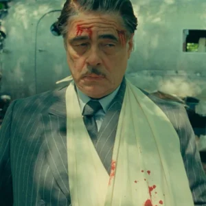 Benicio Del Toro The Phoenician Scheme Grey Blazer