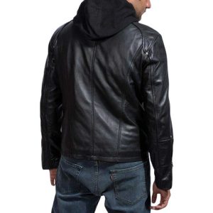 Black Hooded Leather Jacket For Men