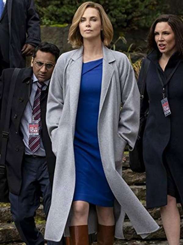 Model wearing charlize theron long shot grey trench coat