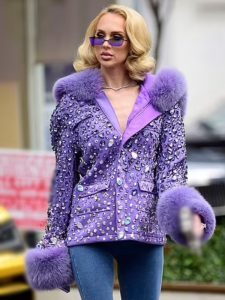 Model wearing christine quinn purple embellished jacket