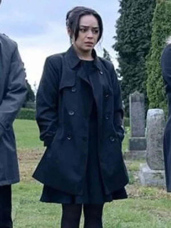 Model wearing final destination bloodlines 2025 stefani reyes black coat