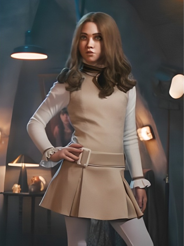 Model wearing m3gan 2.0 2025 amie donald costume frock