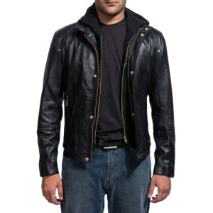 Black hooded leather jacket for men front view