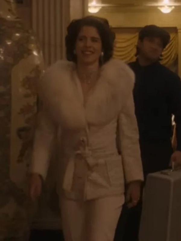 Queen of the ring emily bett rickards white fur coat front view