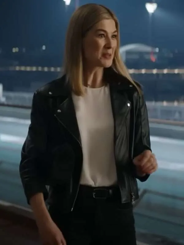 Model wearing rosamund pike now you see me 3 black leather jacket