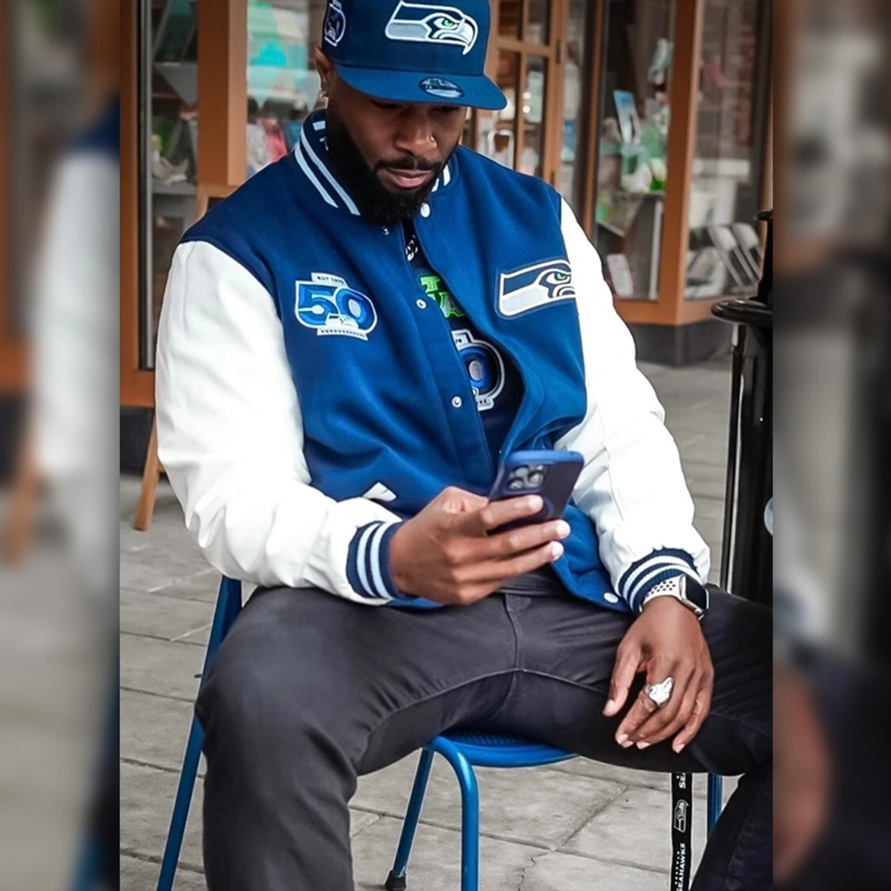 Seattle seahawks 50th season varsity jacket front view