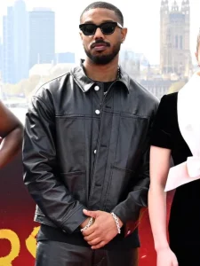 Model wearing sinners 2025 michael b. Jordan black leather jacket