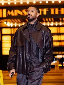 Model wearing michael b. Jordan sinners 2025 black leather jacket