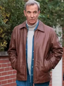 The game 2025 robson green brown leather jacket front view
