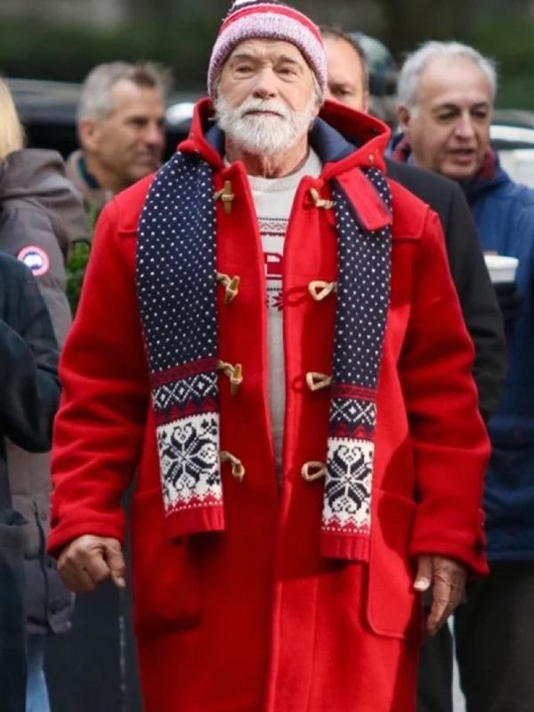 The man with the bag 2025 arnold schwarzenegger red coat front view