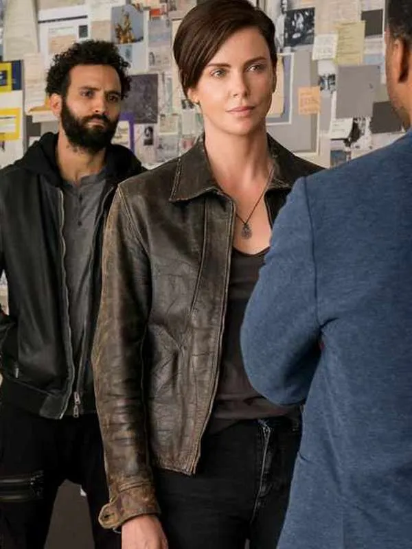 Charlize theron the old guard brown leather jacket front view