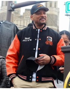 Model wearing will smith way street renaming ceremony 2025 varsity jacket