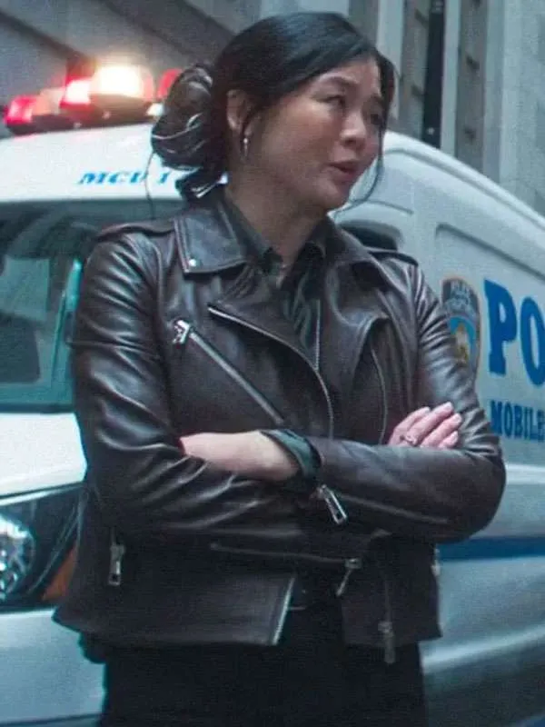 Model wearing ruibo qian daredevil born again brown leather jacket