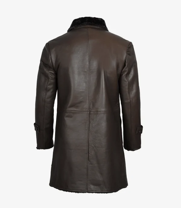 Men's dark brown shearling leather coat back view