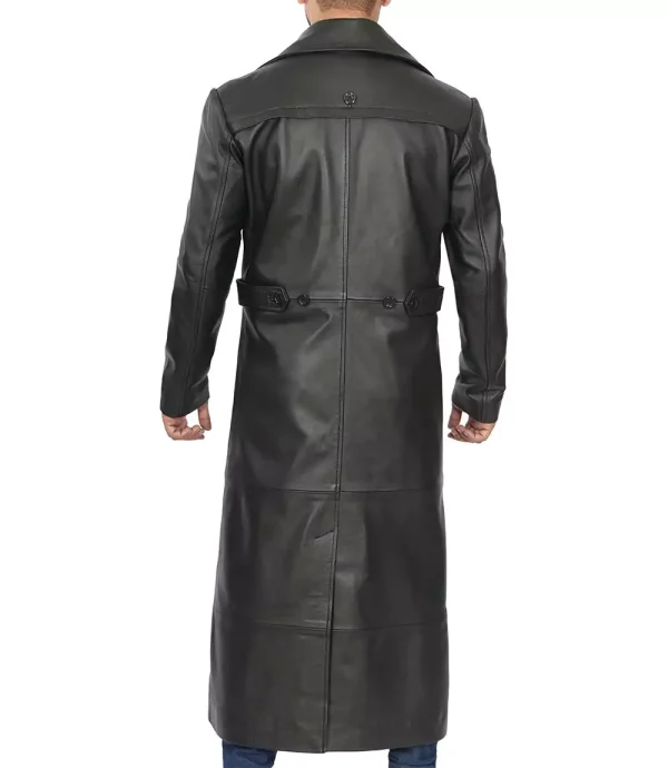 Men's full length black leather duster coat back view