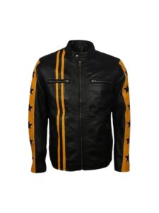 Mens yellow star black leather jacket front view