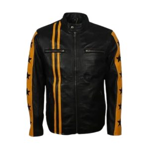 Men’s Yellow Star Black Leather Jacket