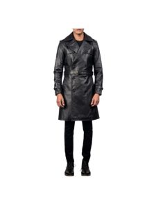 Mens black leather duster coat front view