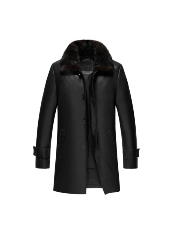 Mens black fur collar coat front view