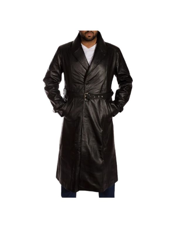 Mens black leather trench coat front view