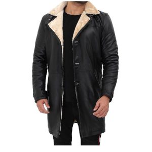 Mens Black Leather Shearling Coat