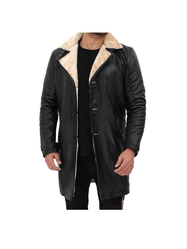 Mens black leather shearling coat front view