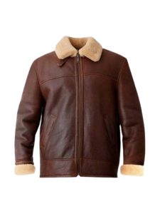 Mens brown aviator shearling jacket front view