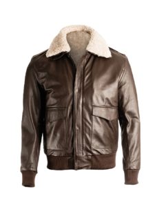 Mens brown shearling pilot jacket front view