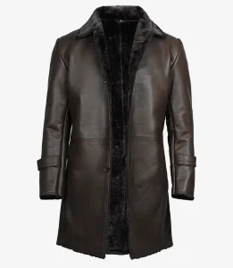 Men's dark brown shearling leather coat front view