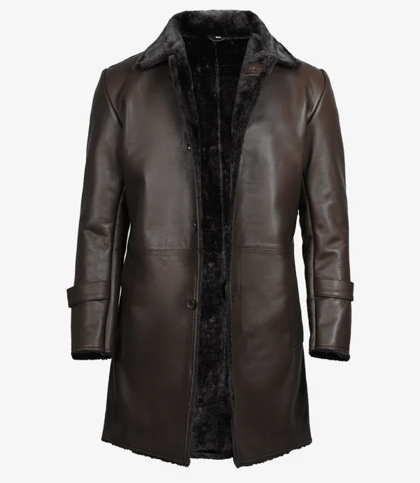 Men's dark brown shearling leather coat front view