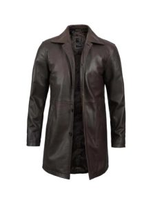 Mens distressed dark brown leather coat front view