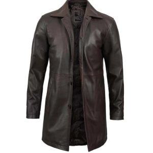 Distressed Dark Brown Leather Coat For Men’s
