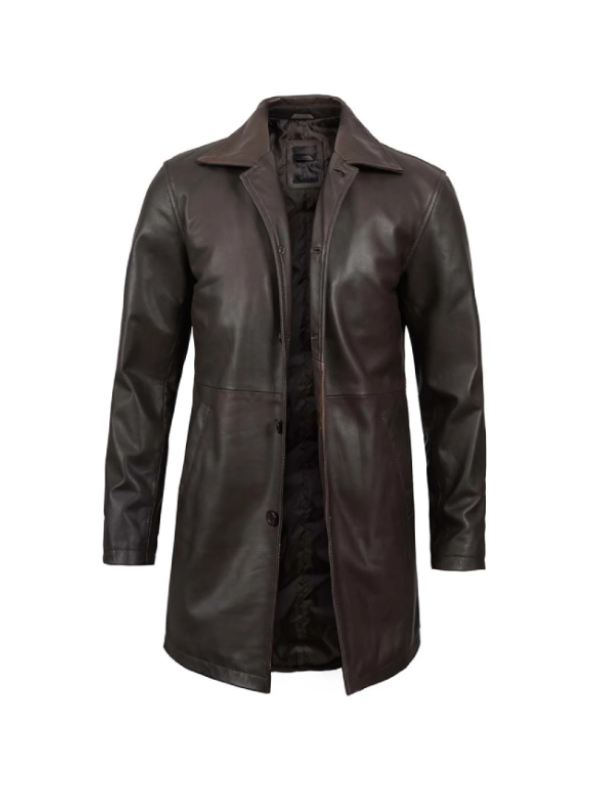 Mens distressed dark brown leather coat front view