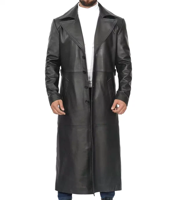 Men's full length black leather duster coat front view