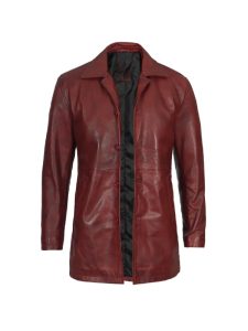 Mens maroon leather coat front view
