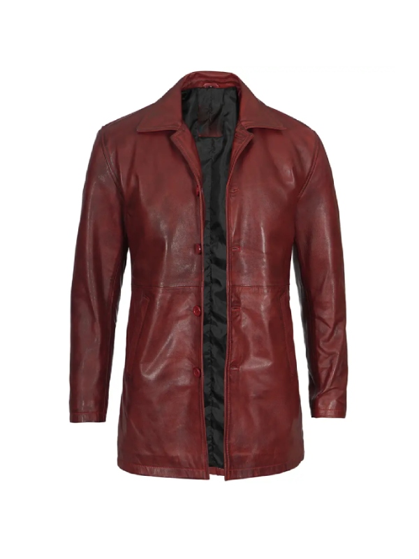Mens maroon leather coat front view
