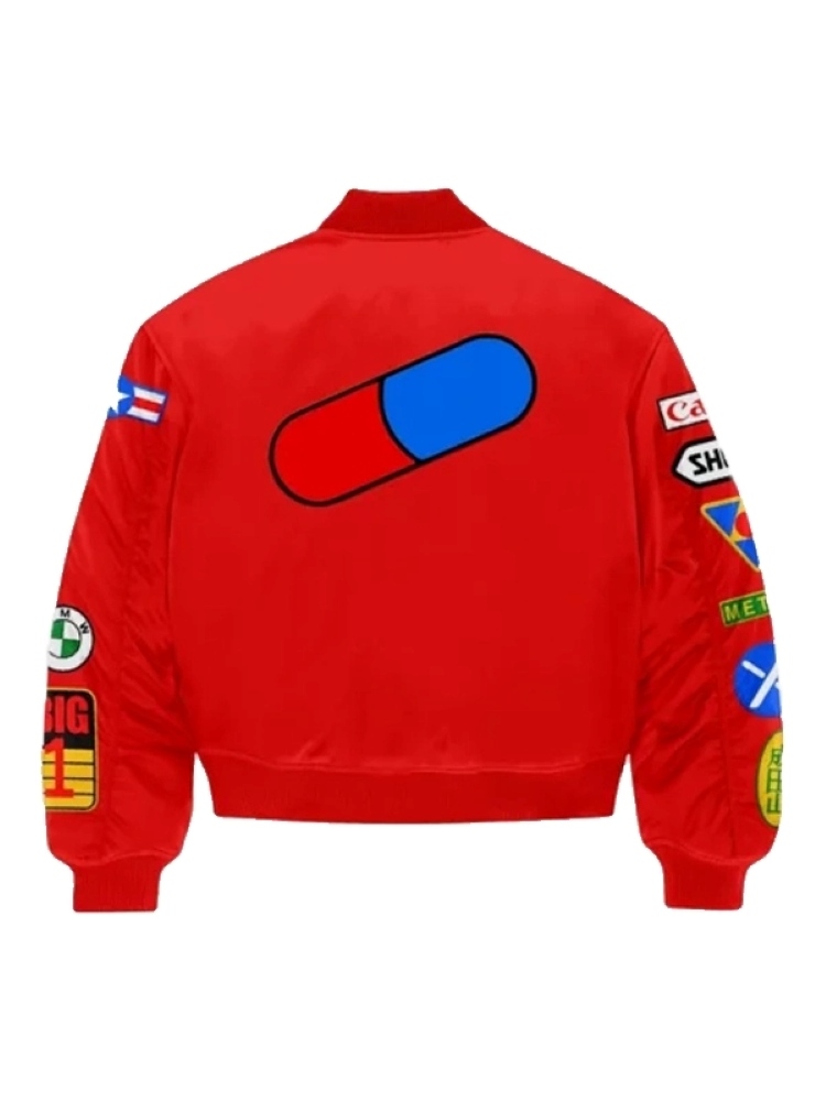 Back view of Akira Bomber Jacket featuring blue-red capsule logo