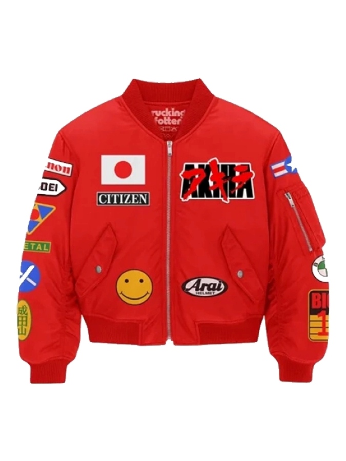 Front view of Neo-Tokyo Akira Red Bomber Jacket with Japanese patches