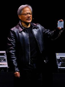 Model wearing nvidia ceo jensen huang leather jacket