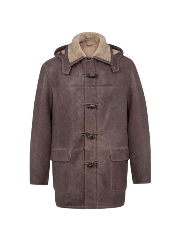 Mens shearling duffle coat front view