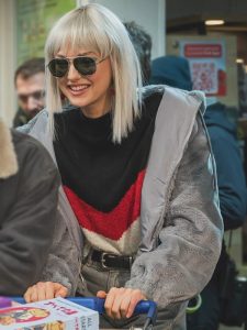 April x lilly krug gray sherpa jacket front view
