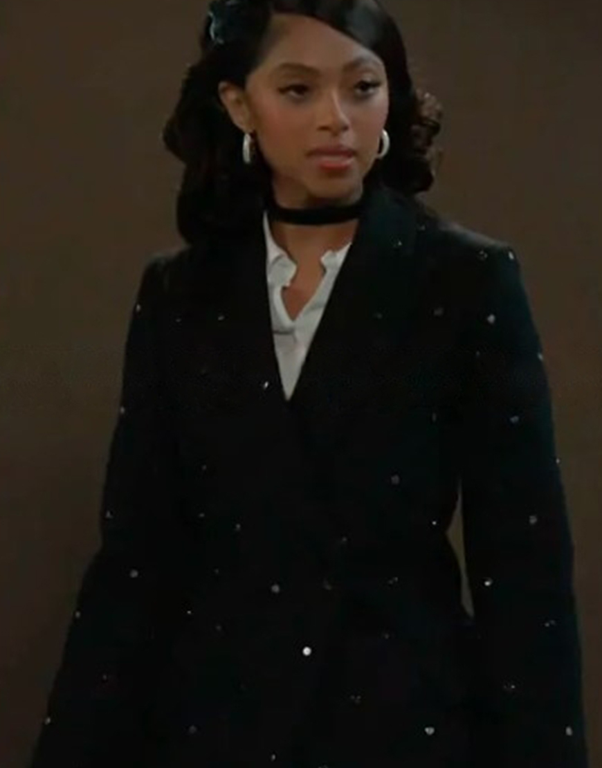 Model wearing beyond the gates 2025 colby muhammad studded coat