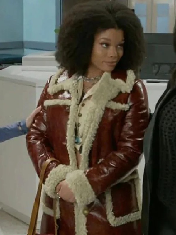 Model wearing beyond the gates 2025 ambyr michelle sherpa trim faux leather coat
