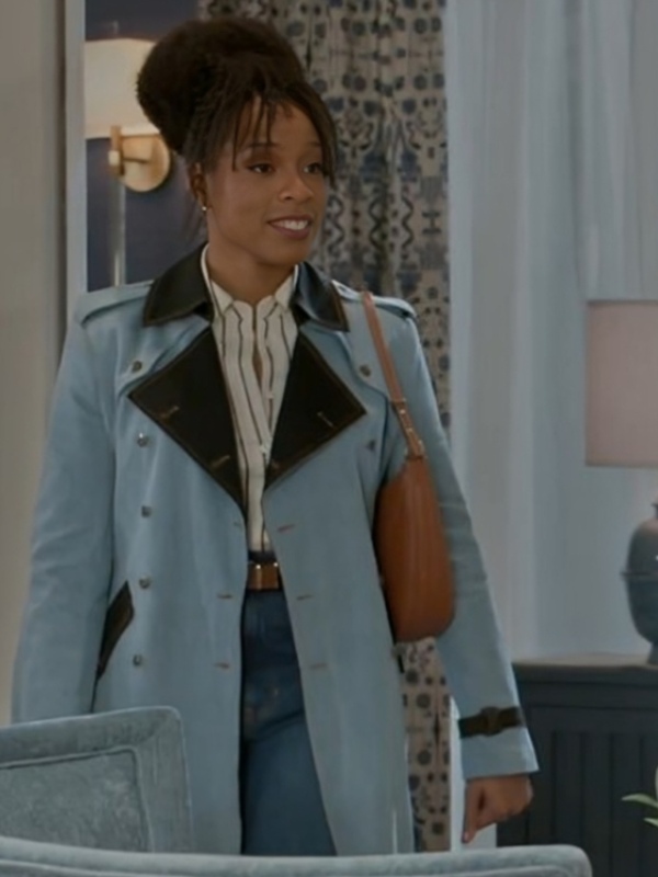 Model wearing beyond the gates 2025 arielle prepetit denim trench coat