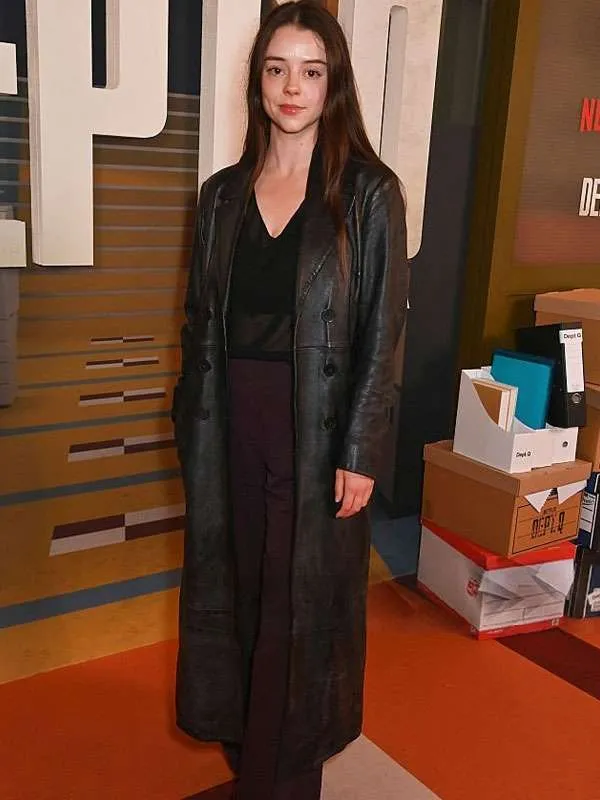 Model wearing bobby rainsbury dept q 2025 black leather coat