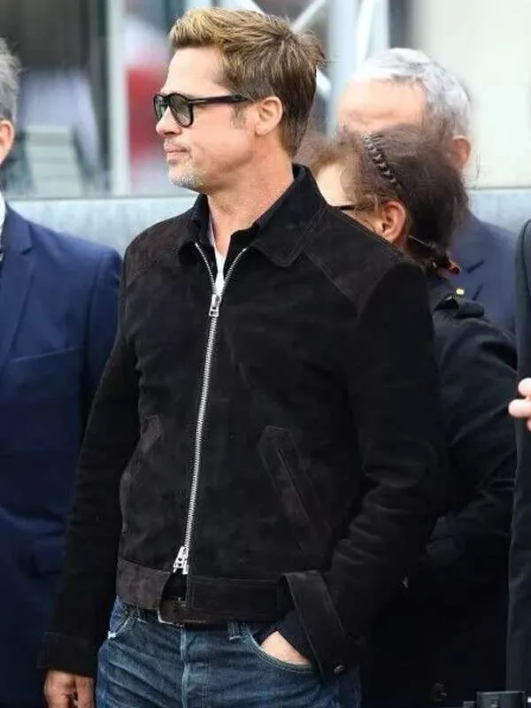 Model wearing brad pitt f1 2025 black suede leather jacket