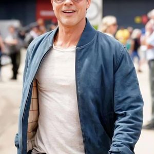 F1 The Movie 2025 Brad Pitt Blue Suede Bomber Jacket