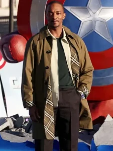 Model wearing anthony mackie captain america brave new world brown coat