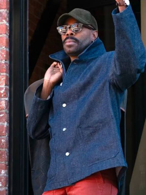 Model wearing colman domingo the four seasons 2025 denim jacket