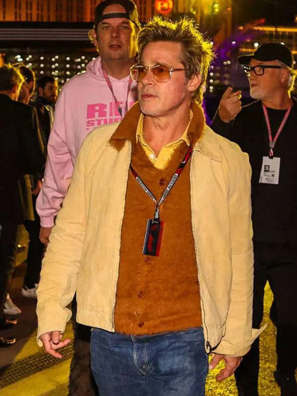 Model wearing brad pitt f1 movie premiere yellow cotton jacket